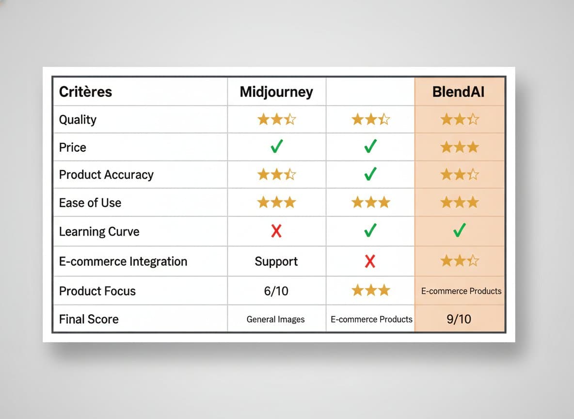Midjourney Vs Blendai Visuels Produits - Tableau Criteres